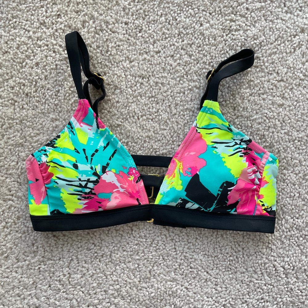 Xhilaration Active Tropical Yellow Pink Print Triangle Bikini Top Size Small